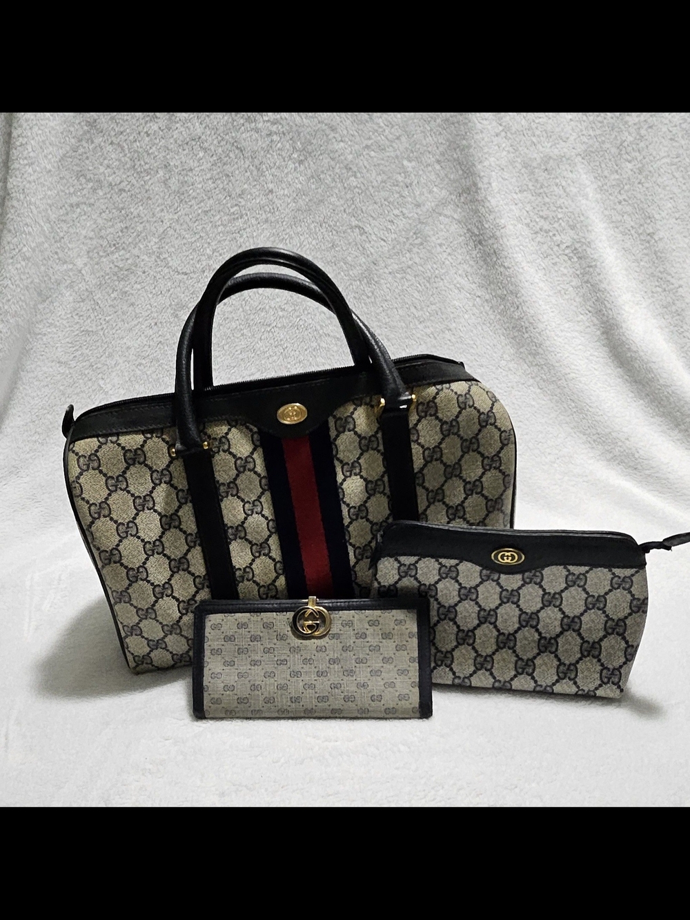 Vintage Blue Gucci Canvas Tote with Wallet and Makeup Bag - Picture 1 of 16